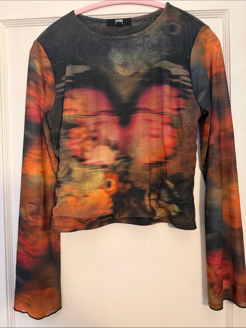 Madden NYC Multicolor Abstract Long-Sleeve Mesh Top